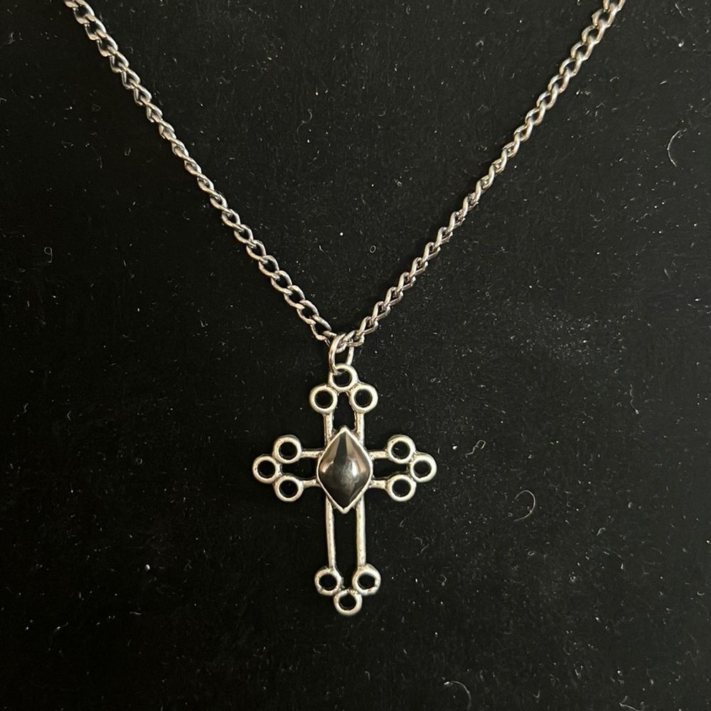 Handcrafted cross pendant on silver tone chain